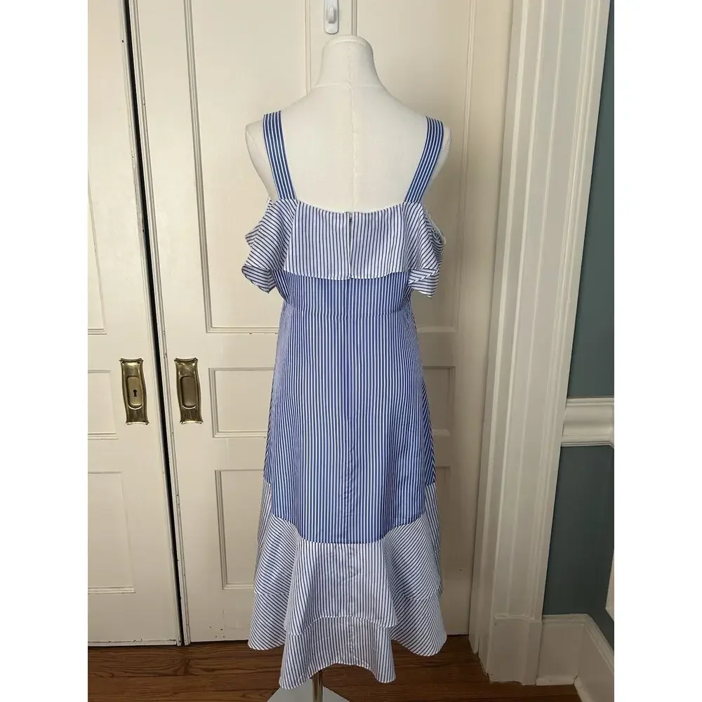 J. Crew Silk Striped Cold Shoulder Midi Dress Womens Size 6 Blue White Classic - Picture 2 of 8